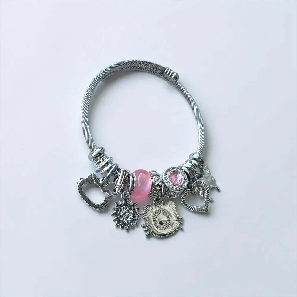 Pink & Silver Kitten Charm Bangle Bracelet for Girls